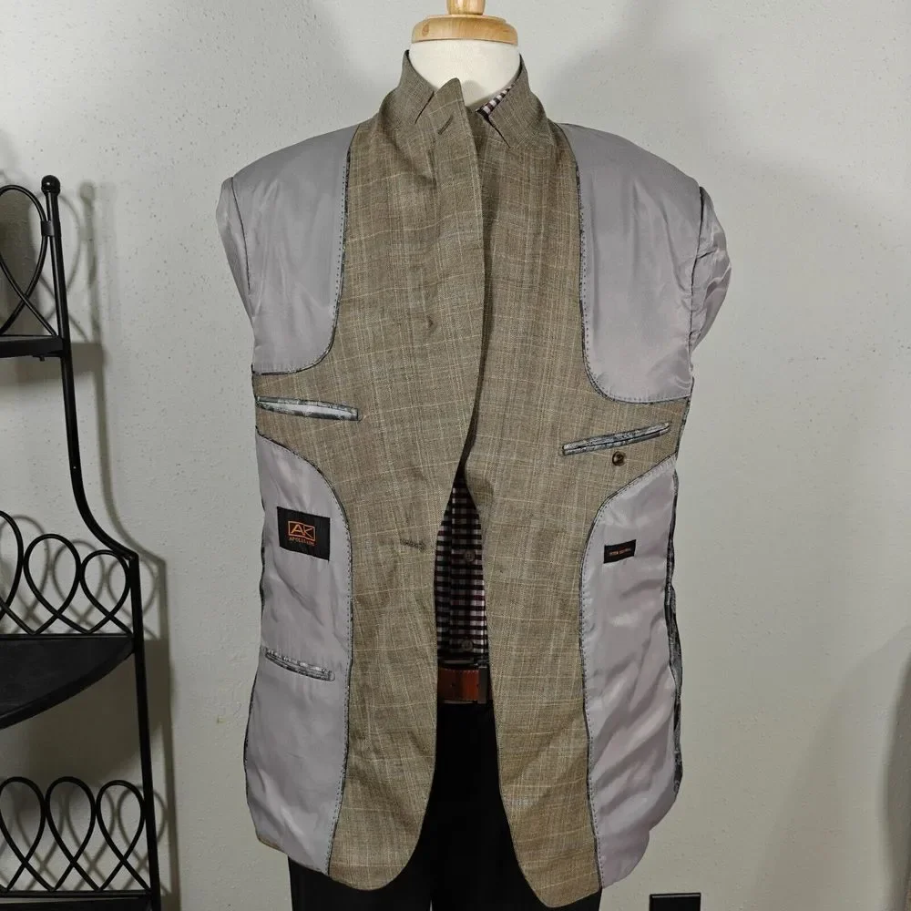 Apollo King Men's Sport Coat Blazer Single Button Brown Plaid 150s Wool Peak 42R